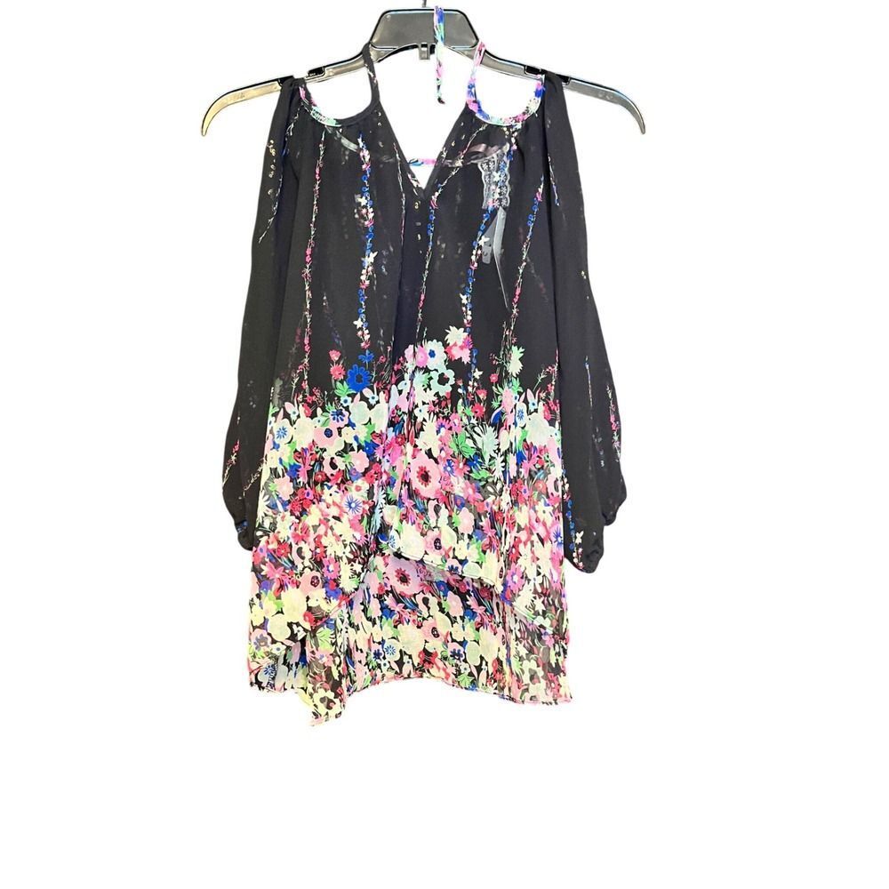 Mauve Womens Floral Cold Shoulder Halter Neck Chiffon Blouse Black Multi Size M